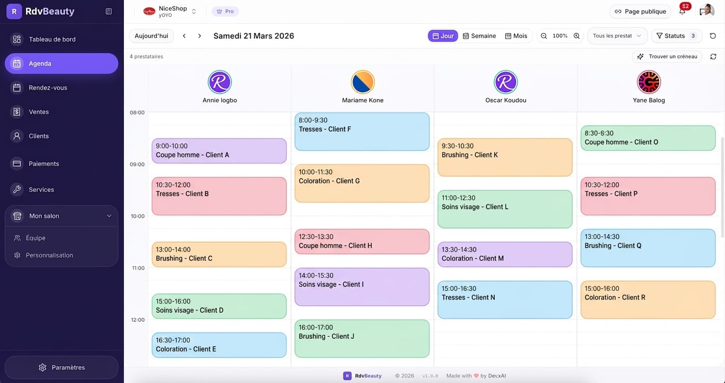 Calendrier de rendez-vous RdvBeauty — gestion de salon de beauté